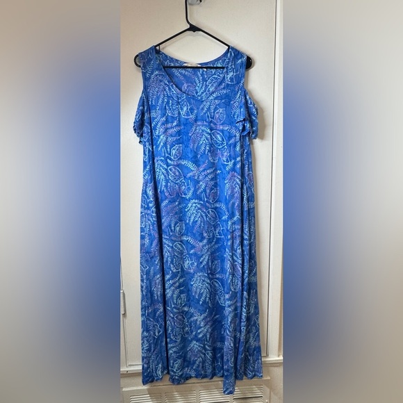 Soft Surroundings Batik Tropical Floral Leaf Cold Shoulder Blue Maxi Dress M - Picture 1 of 16